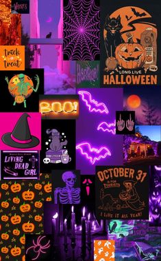 a collage of halloween images with neon colors