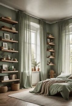 a bedroom with green walls and wooden shelves on the wall, along with a large bed