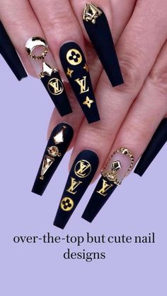 Louis Vuitton Nails, Gucci Nails, Black Coffin Nails, Nail Tutorial, Baddie Nails, Gold Nail, Cute Acrylic Nail Designs