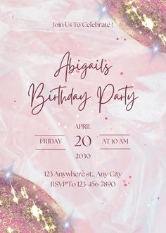 a pink and gold birthday party card with stars on the back, it says abogalis birthday party