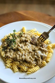 a white plate topped with pasta covered in gravy and a fork next to it