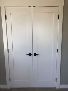 two white closet doors with black handles and knobs in a room that has carpeted flooring