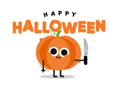 a cartoon pumpkin with a knife and fork in it's hand that says happy halloween