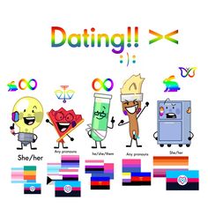 some cartoon characters are doing different things in front of the words,'dating '