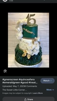 a green and white wedding cake with flowers on the top is featured in an instagram