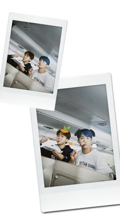 two polaroid photos of boys sitting in an airplane