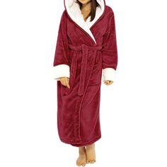 Women Nightgown Plush Long Sleeves Thicken Autumn Winter Nightgown Hooded Keep Warm Tight Waist Winter Robes, Winter Sleepwear, Robes For Women, Bath Robes For Women, Soft Robes, Satin Kimono, Women's Nightgowns, Long Style, Hooded Coat