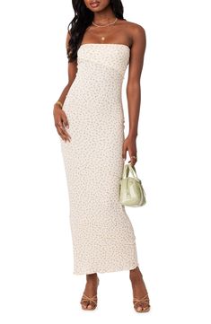 Fine ribbing shapes this knit maxi designed in a strapless silhouette with pronounced seams and dainty allover blooms. Strapless 95% polyester, 5% spandex Machine wash, dry flat Imported