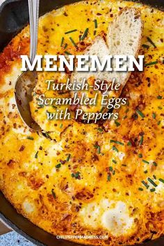 the cover of menemen turkish - style scrambled eggs with peppers is shown in a cast iron skillet