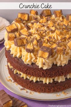 a chocolate cake with white frosting and crumbs on top, sitting on a plate