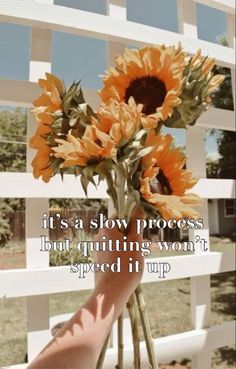 there is a vase with sunflowers in it and the words, it's a slow process but quiting won't speed it up