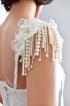 Wedding Shoulder Jewelry, Diy Pearl Dress, Dress With Beads Design, Beaded Pearl Dress, Fitted White Bridal Accessories With Pearl Embroidery, Pearl Dress Design, Pearl Embroidery Dress, Pearl Shoulder Jewelry, Pearl Outfits