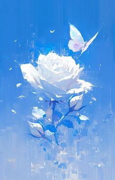 a painting of a white rose and a butterfly flying over it in the blue sky