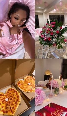 a collage of photos with pizzas and flowers in them on the phone screen