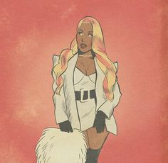 a drawing of a woman with long blonde hair and black gloves standing next to a sheep