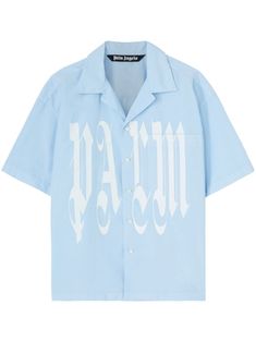 light blue cotton logo print to the front camp collar front button fastening short sleeves straight hem Collared Tops With Logo Print For Summer, Summer Collared Tops With Logo Print, Summer Collared Top With Logo Print, Collared Cotton Shirt With Logo Print, Cotton Collared Shirt With Logo Print, Collared Cotton Shirt With Logo, Summer Cotton Shirt With Logo Print, Light Blue Cotton Shirt With Camp Collar, Classic Blue Shirt With Graphic Print