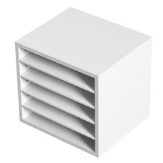 an empty white box with five compartments on the front and four shelves in the back