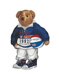 a drawing of a teddy bear holding a rugby ball and wearing a blue hoodie