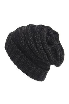 Solid Ruched Knitted Hat Slouchy Hats For Cold Weather, Solid Color Slouchy Knitted Hat, Slouchy Solid Knitted Hats, Slouchy Knitted Solid Color Hat, Fall Cable Knit Hat, One Size, Black Slouchy Crochet Hat For Winter, Knitted Slouchy Hat, Black Slouchy Knitted Hat, Casual Black Slouchy Crochet Hat