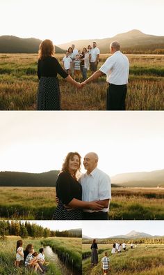 two pictures of people holding hands in a field