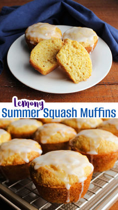 lemony summer squash muffins with icing on a white plate and blue napkin