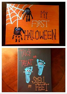 handprinted halloween canvass are displayed in two different ways, one is black and the other is orange