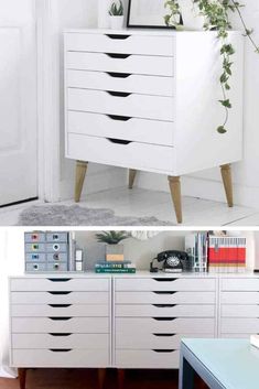 the before and after shots of an ikea dresser in white with black drawers, plants on top