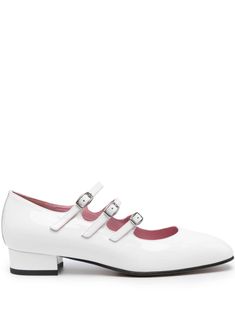 white calf leather patent finish square toe triple buckle fastening branded leather insole leather sole 35mm low block heel Carel Kina, Carel Paris, Leather Mary Jane Flats, Ballerina Pumps, Block Heel Shoes, White Pumps, Low Block Heels, Leather Mary Janes, Patent Leather Pumps