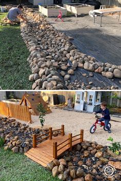 two pictures side by side one shows a boy riding a bike and the other shows a rock garden