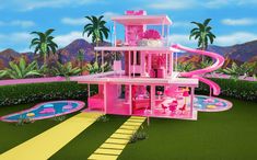 a barbie doll house is shown in the middle of a fake lawn and palm trees