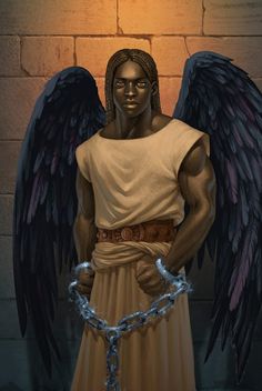 an image of a man with wings chained to his chest and hands wrapped around him