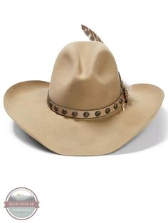 Stetson SBBBOW-6943 Broken Bow 4X Tan Buffalo Felt Hat The Broken Bow 4X Cowboy Hat is constructed of 4X quality fur felt and features a sloped cattleman crease crown, breathable interior leather sweatband and a brass-tone studded leather hat band. Keep your Stetson looking sharp with these hat cleaning products! 4 3/8" brim Crown: 4" front, 5" back Satin crown lining 4X quality fur felt Studded leather hat band with feather Made in the USA Style # SBBBOW-6943 Western Style High Crown Hat Band For Winter, Winter Rodeo High Crown Hat Bands, Western Fur Felt Hat Bands For Kentucky Derby, Western High Crown Hat For Winter, Fitted Fur Felt Hat For Ranch, Country Style Fur Felt Hat Bands, Fitted Western Style Top Hat, Fitted Fur Felt Top Hat For Ranch, Fitted Western Style Top Hat In Fur Felt