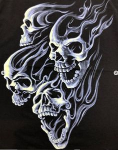 three skulls with flames on their heads are depicted in this t - shirt design by the artist