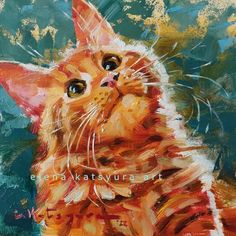 an orange and white cat is shown in this painting