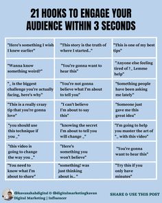 21 Hooks To Engage Your Audience Within 3 Seconds


Hooks are key to generating engagement with your posts ✔


Do not expect the user to guess what he has to do when he sees your posts, Ask them 🔥


Important 😎 : Use 1 CTA per post!


That Way You Won't Confuse Your Audience Instagram Hooks, Social Media Management Tools, Social Media Marketing Plan, Marketing On Instagram, Social Media Planning