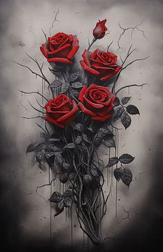 a painting of three red roses on a black and white background with water dripping down the side