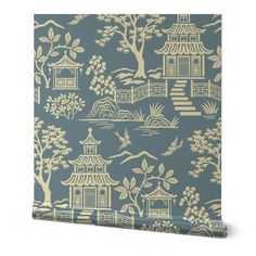 a blue and gold wallpaper with pagodas, trees, and flowers on it