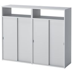 a white cabinet with three doors and two shelves