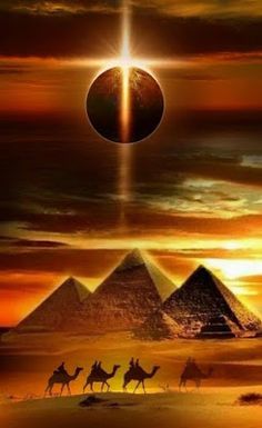 the three pyramids are in front of an orange sky and there is a bright star above them