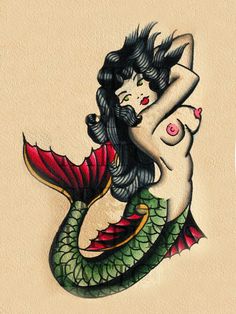 a drawing of a woman with black hair holding a red and green mermaid tail, on a beige background