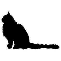 a black and white silhouette of a cat sitting down with its tail curled up in the air