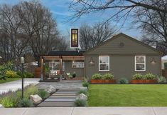 a rendering of a house in the middle of a yard with trees and flowers around it