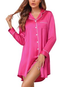 PRICES MAY VARY. 【Silk Pjs Material】This silk satin nightgown is made of 96% Polyester, and 4% Other Fibers. Soft, breathable, and skin-friendly nightshirt for women, perfect for sleeping or lounging at home. 【Boyfriend Nightshirt Style�】Sleep shirts for women, Boyfriend nightshirts, Feature with notch collar, V neck button front, one chest pocket with contrast piping, knee length, and curved high-low hem design. The button down nightgown for women is easy to put on and take off, perfect for nurs Button Down Sleep Shirt, Maternity Nightgown, Nursing Gown, Silk Pajamas Women, Bridesmaid Pyjamas, Pajama Dress, Pajamas Comfy, Nightgowns For Women, Women's Nightgowns