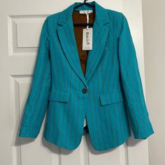 Kaos Made In Italy Eu Size 42 Us Size 2/4. (I Am A 6 W/ 36d And The Jacket Is Too Small For Me In The Upper Arms And Shoulders) Great Quality And Fabric. Texture Without Being Scratchy. Turquoise Outerwear For Work In Fall, Turquoise Long Sleeve Outerwear For Work, Stripe Blazer, Upper Arms, Striped Blazer, Fabric Texture, Blazer Suit, Suit Jacket, Size 2