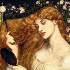 a painting of a woman brushing her red hair with a mirror in front of flowers