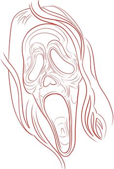 a red line drawing of a face with an open mouth and long hair, on a white background