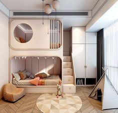 a room with a bed and stairs in it