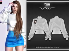 an image of a woman wearing a white sweatshirt and blue miniskirt with the word tsr on it