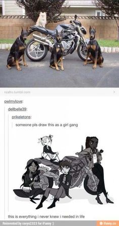 two dogs sitting next to each other near a motorcycle