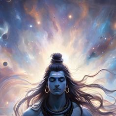 a painting of a woman with long hair and eyes closed in front of the sky